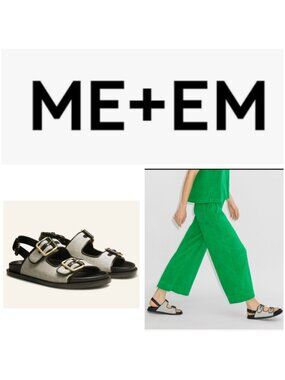 ME+EM Italian Leather Sandals EU 38.5 US 7.5–8 Black Ivory Buckle Slingback Flat